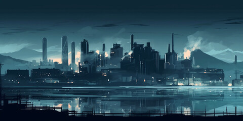 painted industrial evening landscape with a view of a huge factory. Generative AI