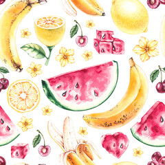 Watercolor summer fruit pattern of watermelon, pineapple, lemon, cherry