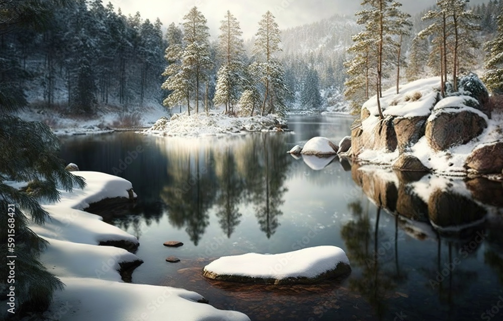 Aufkleber mirrored trees in the forest and a lake surrounded by snow-covered boulders generative ai