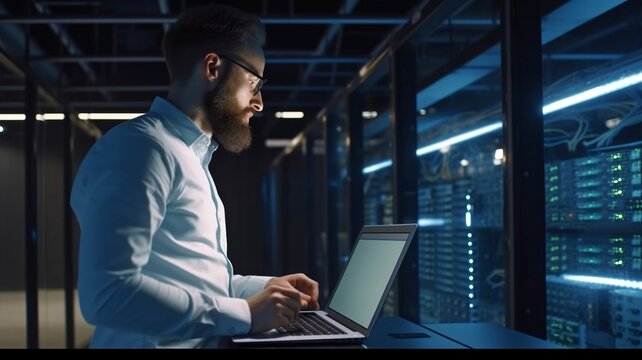 Man IT Specialist Working On A Laptop At A Data Center. Professional In Information Technology, Generative AI