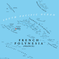 French Polynesia, political map. Overseas collectivity of France, and its sole overseas country, in the South Pacific Ocean, with 121 islands and atolls, and capital Papeete, on the island of Tahiti. - obrazy, fototapety, plakaty