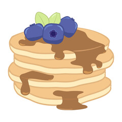 Sweet, fresh, golden pancakes poured with syrup, chocolate, decorated with blueberries, delicious breakfast, design element, posters, cards, wishes