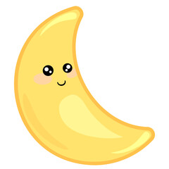 Cute, magical golden moon, cartoon funny character with cheerful smile, cartoon style positive emoji, element for design, wallpapers, packaging, greeting cards, banners