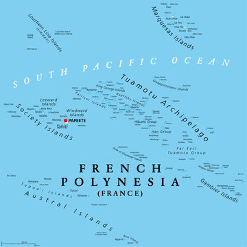 French Polynesia, political map. Overseas collectivity of France, and its sole overseas country, in the South Pacific Ocean, with 121 islands and atolls, and capital Papeete, on the island of Tahiti.