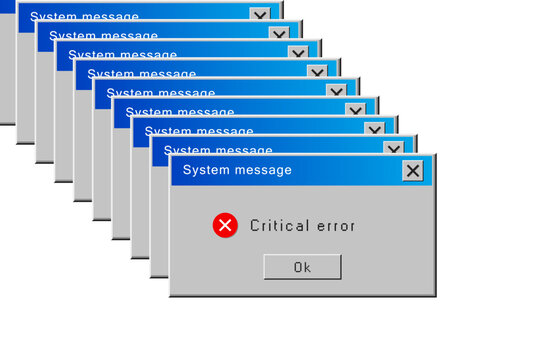 Critical error message. Retro operating system window with system message and alert about critical error. Old user interface 90s style. Retro popup dialog box with error message. Vector