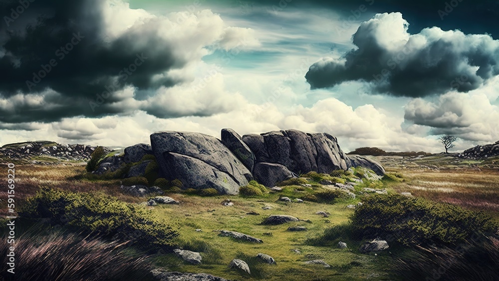 Poster scenery of a grassy field with pebbles and an overcast sky at day generative ai