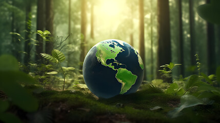 Obraz na płótnie Canvas Nature Conservation and Global Sustainability: The Green Globe in the Forest. Generative AI