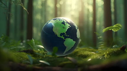 Obraz na płótnie Canvas Nature Conservation and Global Sustainability: The Green Globe in the Forest. Generative AI