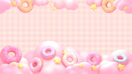 3d rendered sweet donuts and clouds frame on a plaid background.