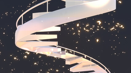 3d rendered platinum spiral stairs with glowing butterflies in the dark.