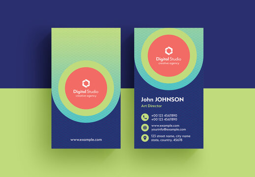 Business Card Layout with Green and Pink Accents
