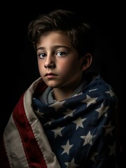 Serious-Looking Boy Wrapped in United States Flag Photorealistic Illustration [Generative AI]