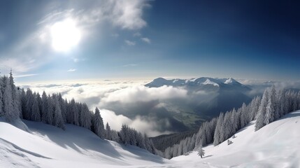 Fototapeta na wymiar Eine majestätische Landschaft mit schneebedeckten Bergen, klarem Himmel und flauschigen Wolken, die sich am Horizont erstrecken