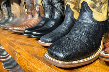 Closeup of cowboy boots in a market in Texas, western vintage collection.