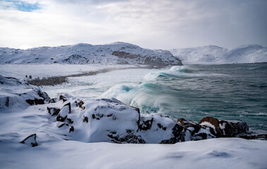 Coast of the Barents Sea. Teriberka. Russia March 2023