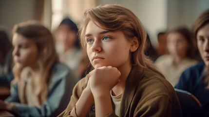 Teenage girl in the foreground in a high school classroom, in the background her classmates listen attentively to the lesson