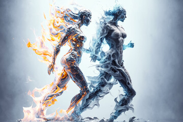 Fire and ice. Conceptual illustration of a lady made from fire and a man made from ice, walking together. Generative AI
