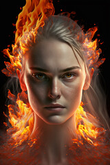 Fototapeta premium Conceptual portrait - beautiful young woman made from fire. Illustration. Generative AI.