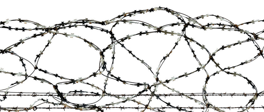 Jail. Prison wall with barbed wire on a white background. Law