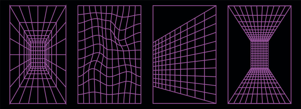 Set of geometry wireframe background shapes in neon lilac color. Abstract cyberpunk elements, patterns, posters in trendy psychedelic rave y2k style.