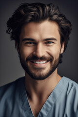 Obraz premium Portrait of a beautiful young caucasian male doctor smiling. Illustration. Generative AI