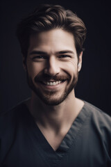 Obraz premium Portrait of a beautiful young caucasian male doctor smiling. Illustration. Generative AI