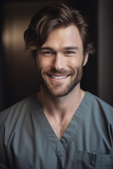 Fototapeta premium Portrait of a beautiful young caucasian male doctor smiling. Illustration. Generative AI