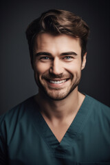 Fototapeta premium Portrait of a beautiful young caucasian male doctor smiling. Illustration. Generative AI