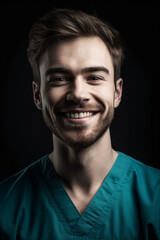 Obraz premium Portrait of a beautiful young caucasian male doctor smiling. Illustration. Generative AI