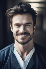 Fototapeta premium Portrait of a beautiful young caucasian male doctor smiling. Illustration. Generative AI