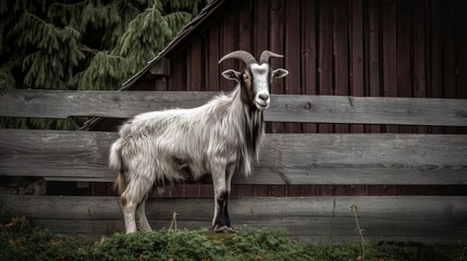 Saanen goat posing in front of a rustic wooden fence