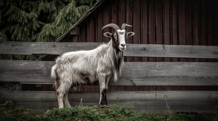 Obraz premium Saanen goat posing in front of a rustic wooden fence
