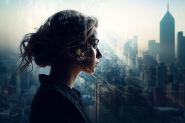 Conceptual portrait of a young and successfull business woman. She is looking through the window of her office to the busy town. Illustration. Generative AI