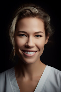 Portrait of a beautiful young caucasian female doctor smiling. Illustration. Generative AI