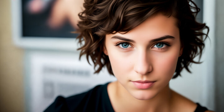 Young beautiful brunette girl with short dark curly or wavy brown hair with a confident gaze, close-up at home. Generative AI.