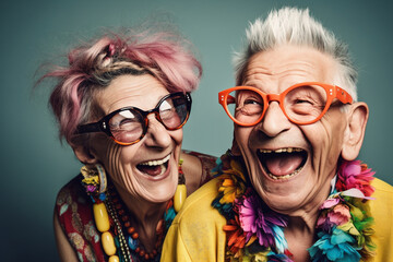 Retired old couple of husband and wife having a great time together, laughing. Generative AI