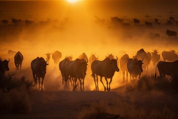 Fototapeta na wymiar herd of wildebeest migrating shot from a distance created with Generative AI technology