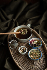 Fototapeta na wymiar Herbal medicine, phytotherapy medicinal herbs For preparation of infusions, decoctions, tea, dried herbs Ready to brew