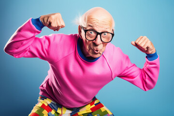 Naklejka premium Funny old man doing gymnastics or aerobics. Generative AI