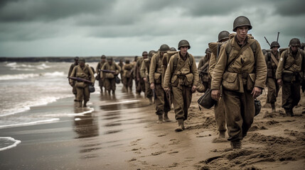 Alliance soldiers in WWII walk the European beach after landing - ai generative