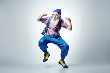 Funny old man doing gymnastics or aerobics. Generative AI