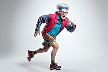 Funny old man jogging, illustration. Generative AI