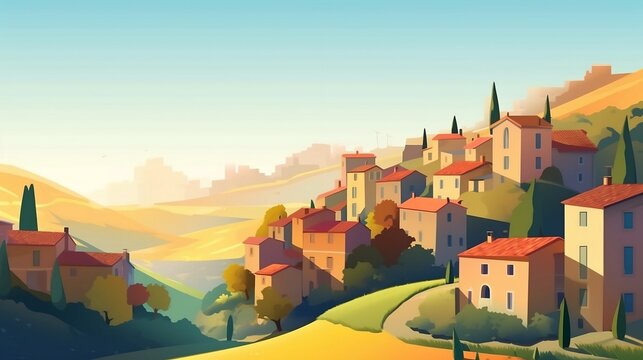 Сozy Italian village in cartoon style created with Generative AI technology
