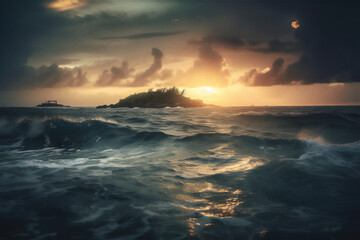 Sunset ocean landscape in storm with tropical island at the horizon, generative ai
