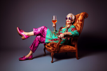 Funny old woman, chilling and relaxing in an armchair, drinking wine. Generative AI. - obrazy, fototapety, plakaty