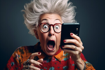 Funny old woman trying to use a smartphone and making a goofy face. Generative AI
