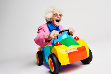 Funny old woman riding a toy car and laughing loudly. Generative AI