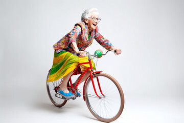 Funny old woman riding a bicycle. Generative AI