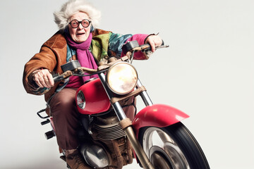 Fototapeta na wymiar Funny old woman riding a motorcycle. Generative AI