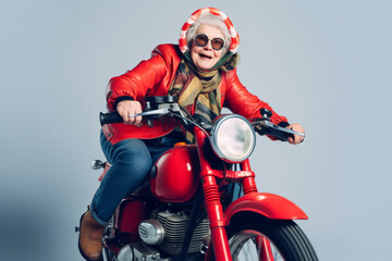 Funny old woman riding a motorcycle. Generative AI